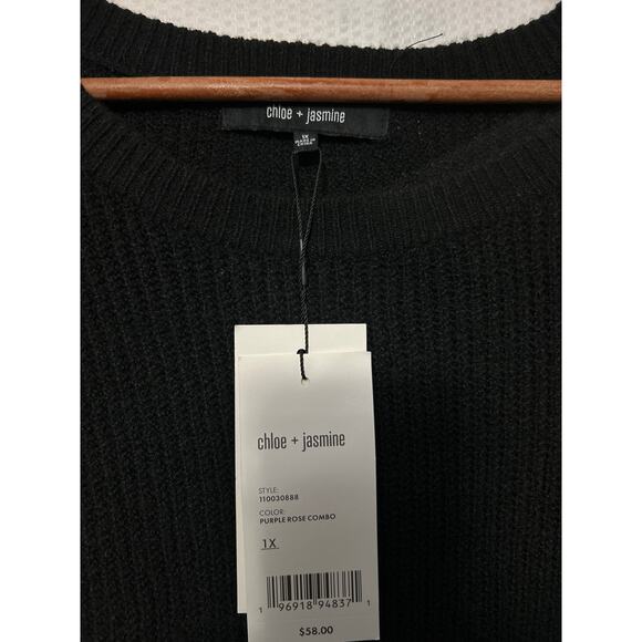 Chloe + Jasmine Black Purple Sweater Long Sleeve Knit Color Block Top 1X NWT - Picture 5 of 9